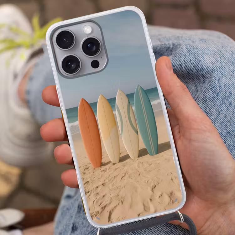 Strand - Surfbord - Pastel Hoesje iPhone 16 Pro Max met koord klein -sfeer3