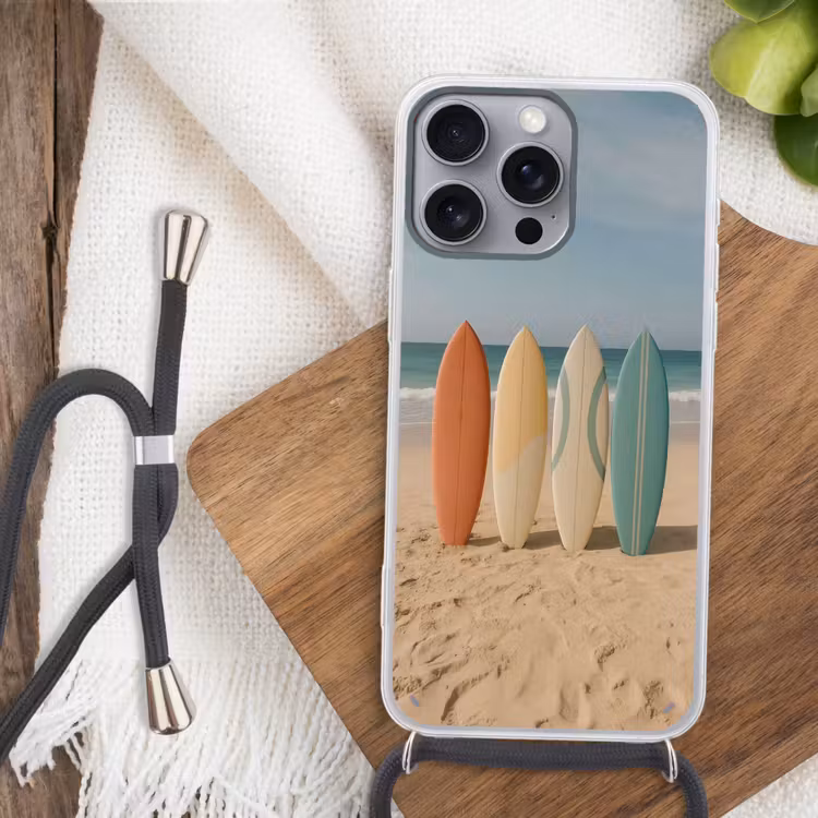 Strand - Surfbord - Pastel Hoesje iPhone 16 Pro Max met koord klein -sfeer4