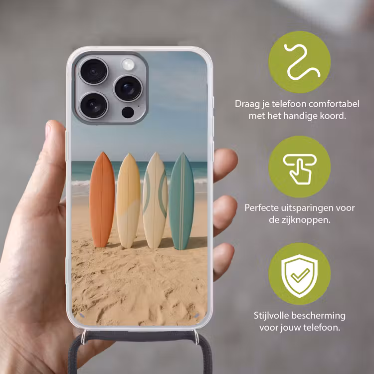 Strand - Surfbord - Pastel Hoesje iPhone 16 Pro Max met koord klein -sfeer2_NL