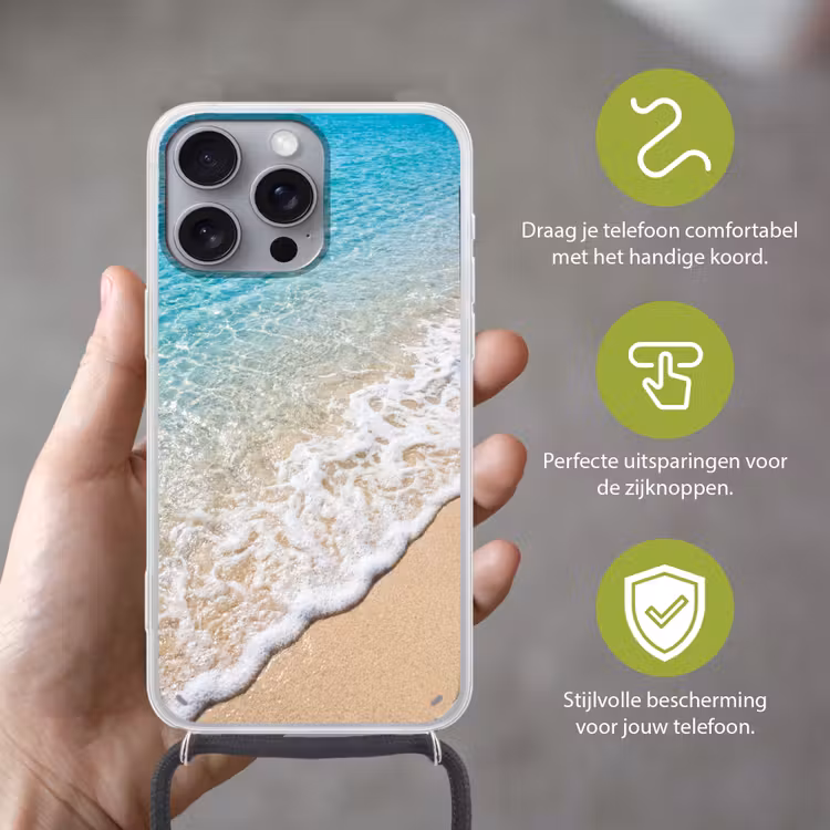 Strand - Water - Natuur - Blauw - Beige Hoesje iPhone 16 Pro Max met koord klein -sfeer2_NL