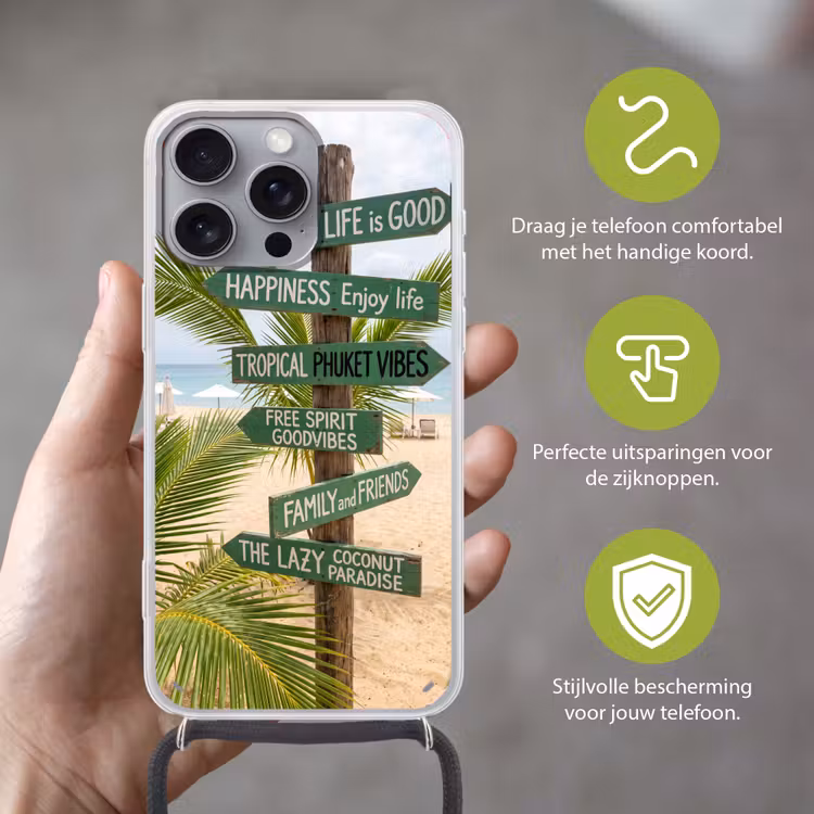 Strand - Wegwijzer - Palmen - Tropisch - Groen Hoesje iPhone 16 Pro Max met koord klein -sfeer2_NL