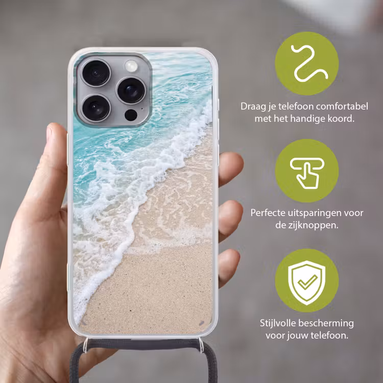 Strand - Zee - Golf - Natuur - Blauw Hoesje iPhone 16 Pro Max met koord klein -sfeer2_NL