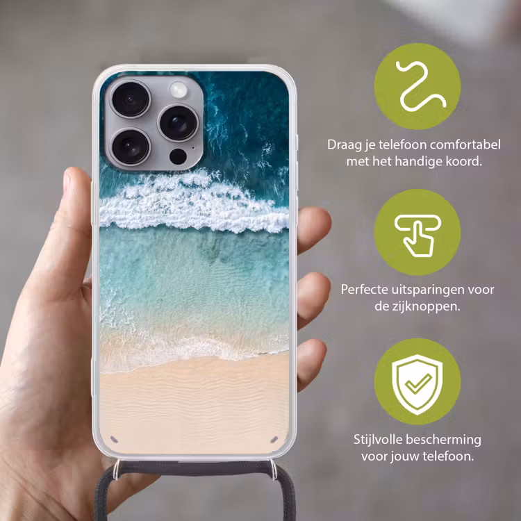 Strand - Zee - Golven - Natuur - Blauw Hoesje iPhone 16 Pro Max met koord klein -sfeer2_NL
