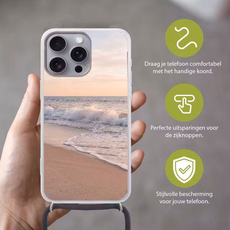 Strand - Zee - Golven - Natuur - Zonsondergang Hoesje iPhone 16 Pro Max met koord klein -sfeer2_NL