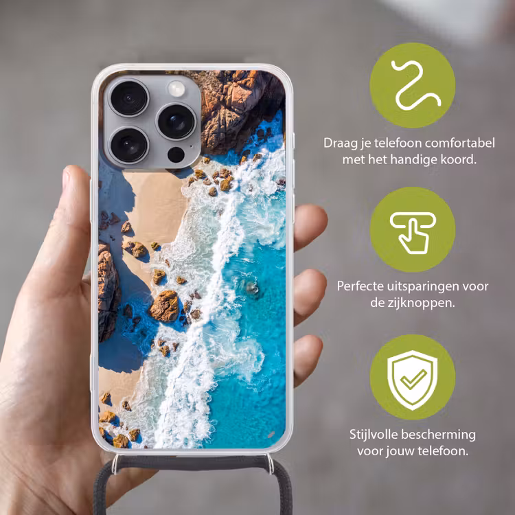 Strand - Zee - Rotsen - Natuur - Blauw Hoesje iPhone 16 Pro Max met koord klein -sfeer2_NL
