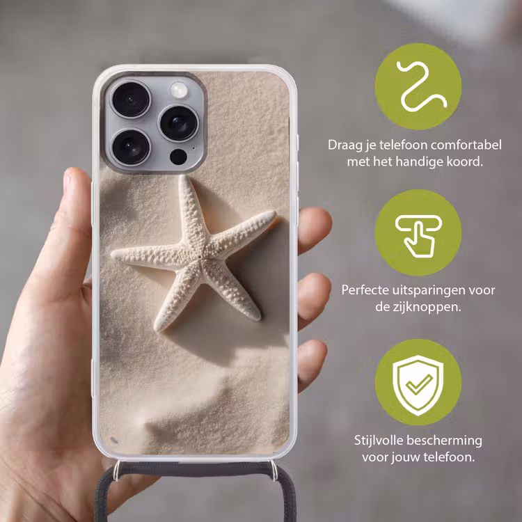 Strand - Zeester - Zand - Beige Hoesje iPhone 16 Pro Max met koord klein -sfeer2_NL