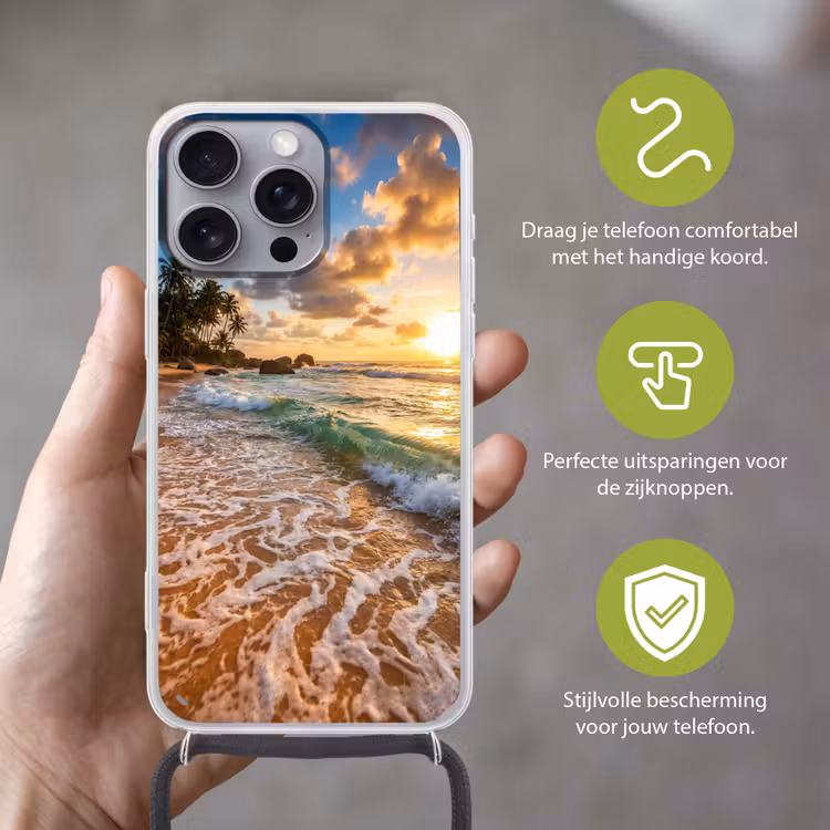 Strand - Zonsondergang - Golven - Natuur - Goud Hoesje iPhone 16 Pro Max met koord klein -sfeer2_NL