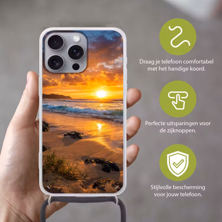 Strand - Zonsondergang - Golven - Natuur - Oranje Hoesje iPhone 16 Pro Max met koord klein -sfeer2_NL