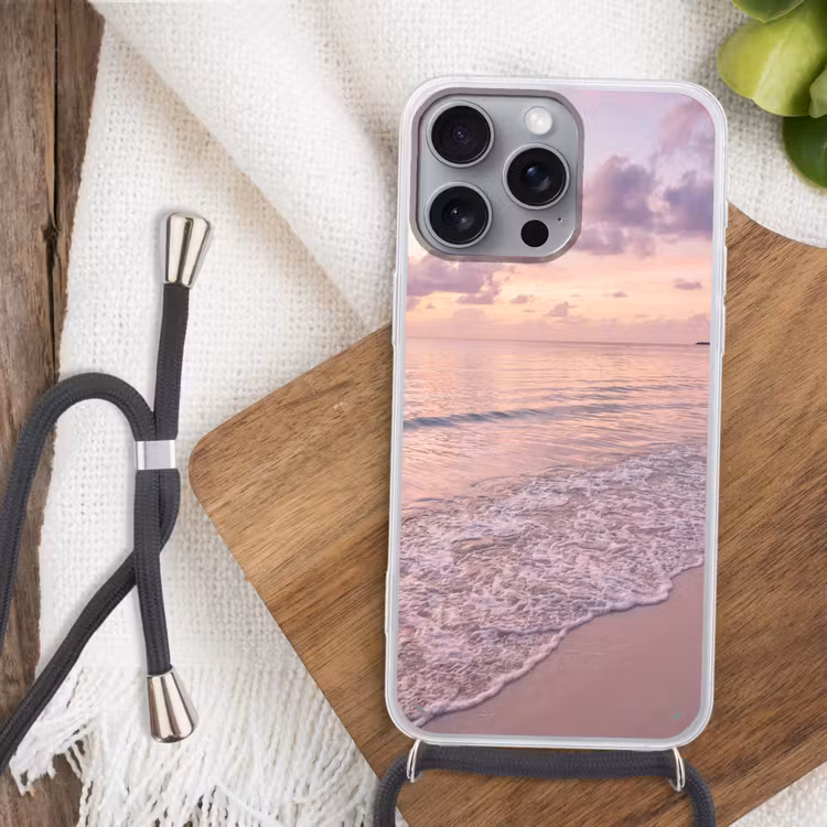 Strand - Zonsondergang - Natuur - Minimalistisch - Roze Hoesje iPhone 16 Pro Max met koord klein -sfeer4