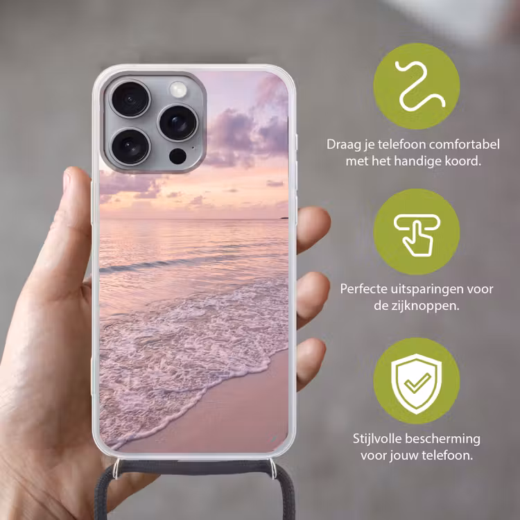 Strand - Zonsondergang - Natuur - Minimalistisch - Roze Hoesje iPhone 16 Pro Max met koord klein -sfeer2_NL