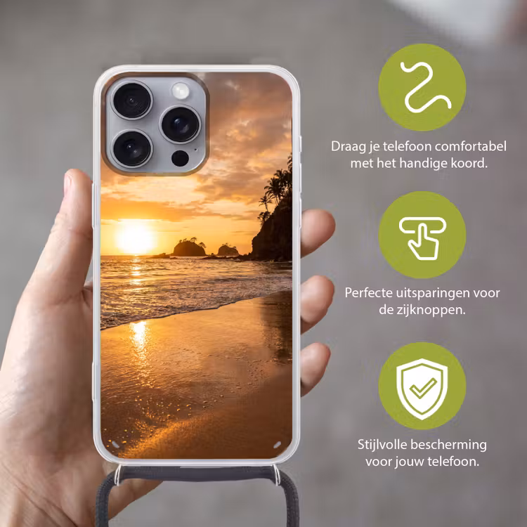 Strand - Zonsondergang - Natuur - Tropisch - Oranje Hoesje iPhone 16 Pro Max met koord klein -sfeer2_NL