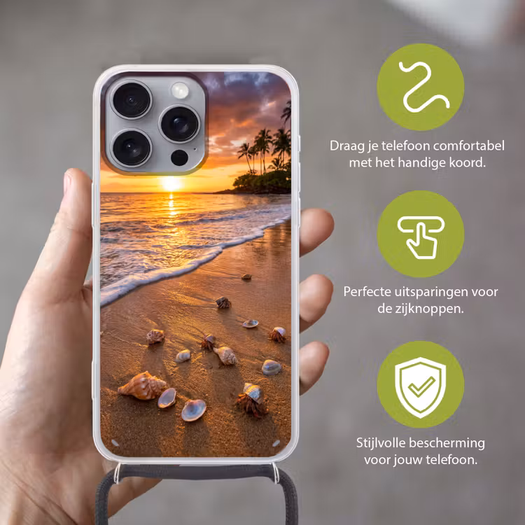 Strand - Zonsondergang - Palmbomen - Natuur - Oranje Hoesje iPhone 16 Pro Max met koord klein -sfeer2_NL