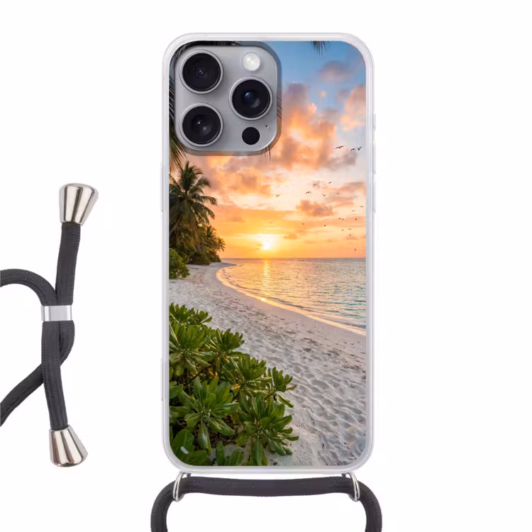 Strand - Zonsondergang - Palmbomen - Tropisch - Natuur Hoesje iPhone 16 Pro Max met koord klein -3d
