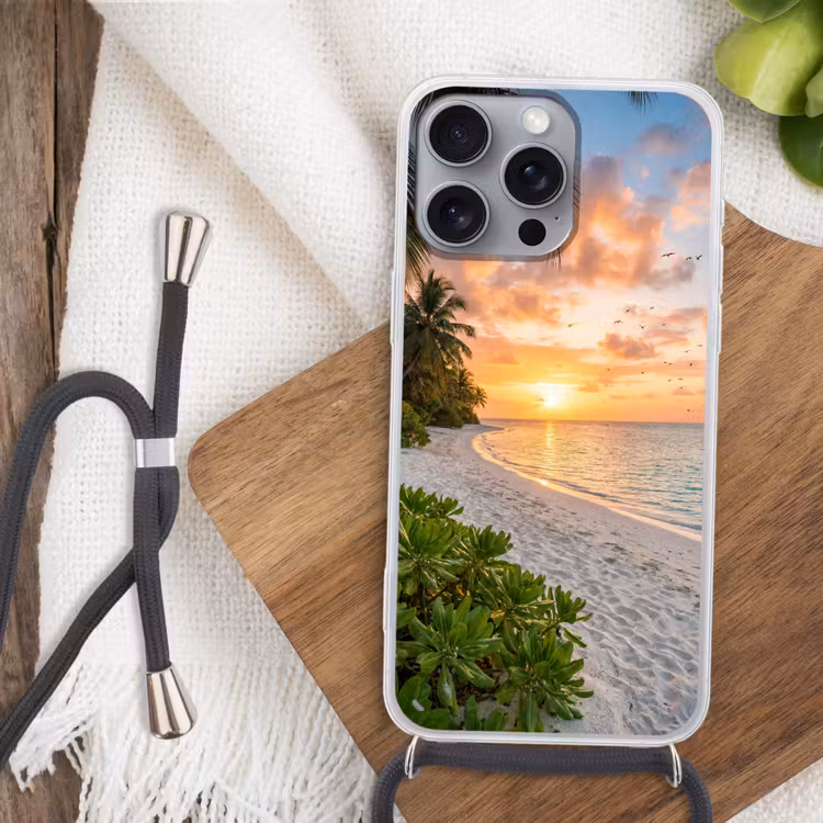 Strand - Zonsondergang - Palmbomen - Tropisch - Natuur Hoesje iPhone 16 Pro Max met koord klein -sfeer4