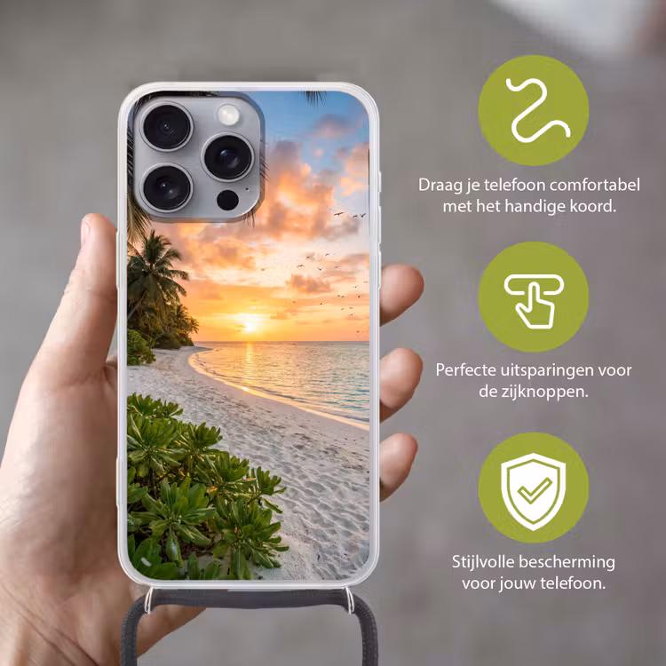 Strand - Zonsondergang - Palmbomen - Tropisch - Natuur Hoesje iPhone 16 Pro Max met koord klein -sfeer2_NL
