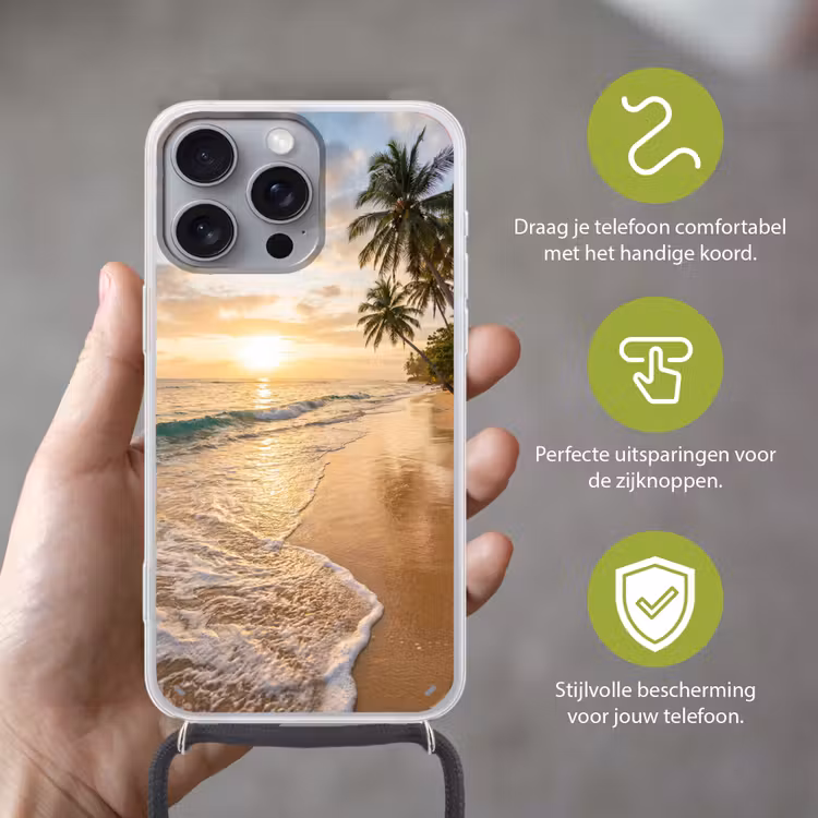 Strand - Zonsondergang - Tropisch - Natuur - Goud Hoesje iPhone 16 Pro Max met koord klein -sfeer2_NL