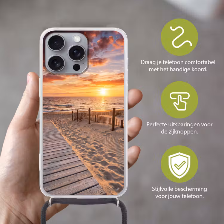 Strand - Zonsondergang - Zee - Natuur - Oranje Hoesje iPhone 16 Pro Max met koord klein -sfeer2_NL
