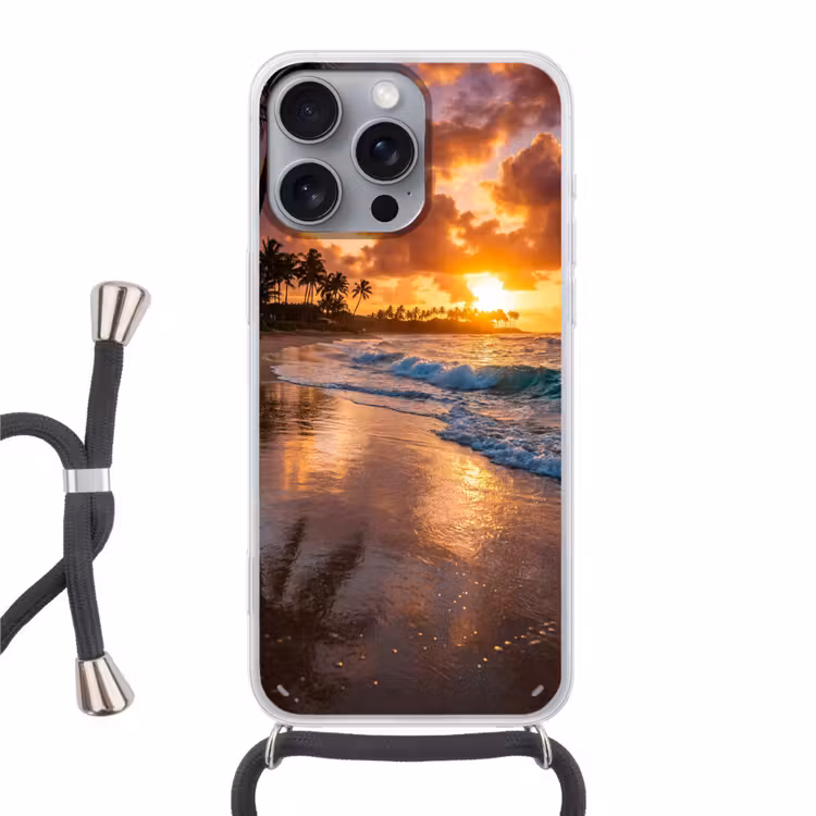 Strand - Zonsopgang - Tropisch - Natuur - Oranje Hoesje iPhone 16 Pro Max met koord klein -3d