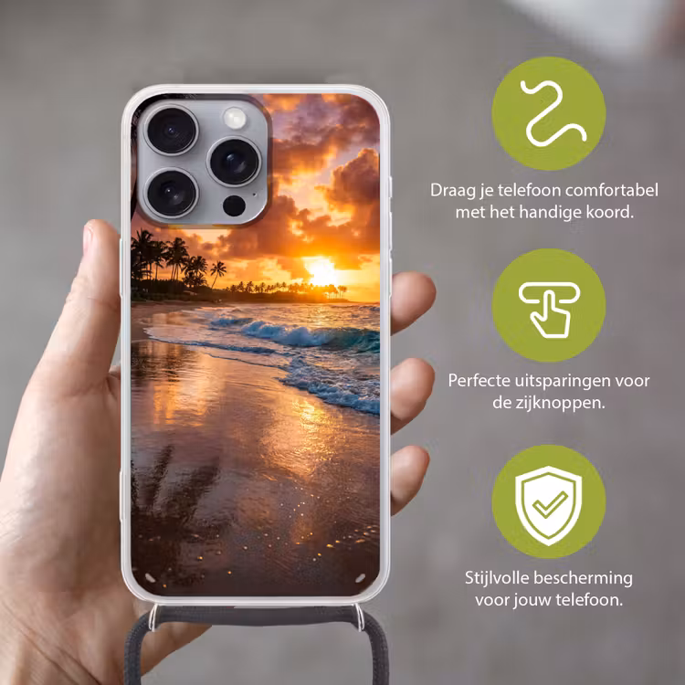 Strand - Zonsopgang - Tropisch - Natuur - Oranje Hoesje iPhone 16 Pro Max met koord klein -sfeer2_NL