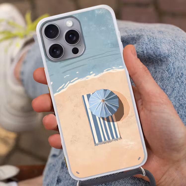 Strandlaken - Strepen - Parasol - Strand Hoesje iPhone 16 Pro Max met koord klein -sfeer3