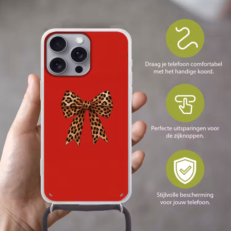 Strik - Sierlijk - Panter - Rood Hoesje iPhone 16 Pro Max met koord klein -sfeer2_NL