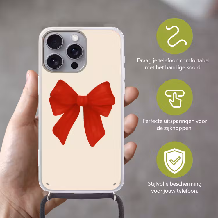 Strik - Symmetrisch - Rood - Lint Hoesje iPhone 16 Pro Max met koord klein -sfeer2_NL