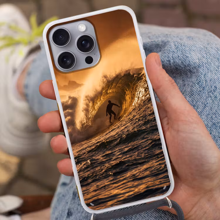 Surfer - Golf - Oceaan - Sport - Oranje Hoesje iPhone 16 Pro Max met koord klein -sfeer3