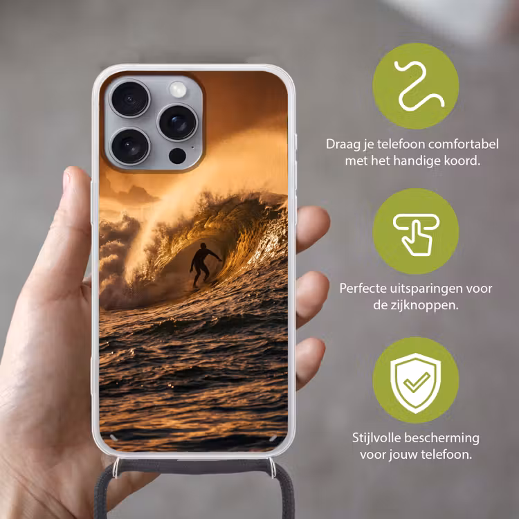 Surfer - Golf - Oceaan - Sport - Oranje Hoesje iPhone 16 Pro Max met koord klein -sfeer2_NL