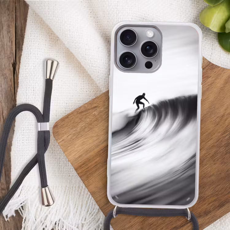 Surfer - Golf - Vervaagd - Zwart Hoesje iPhone 16 Pro Max met koord klein -sfeer4