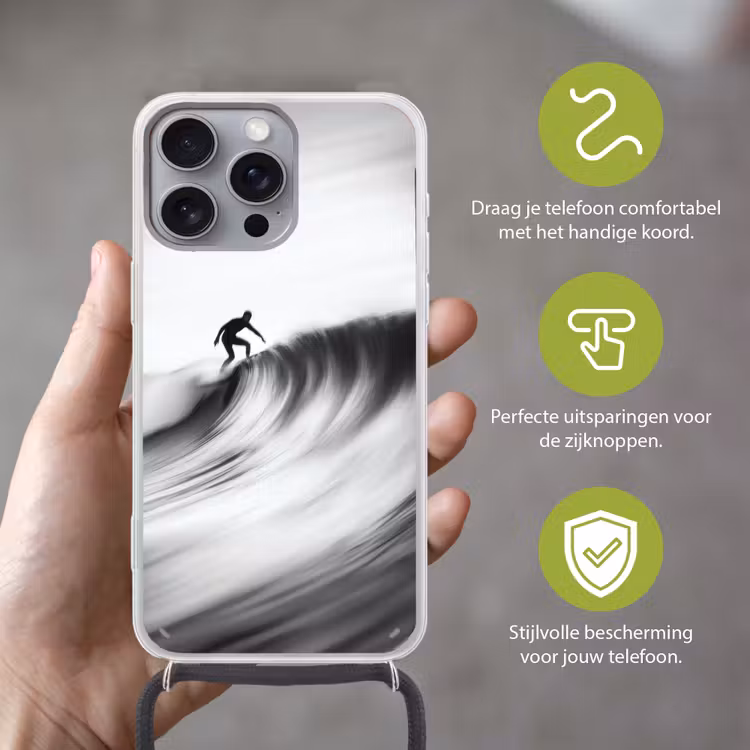 Surfer - Golf - Vervaagd - Zwart Hoesje iPhone 16 Pro Max met koord klein -sfeer2_NL