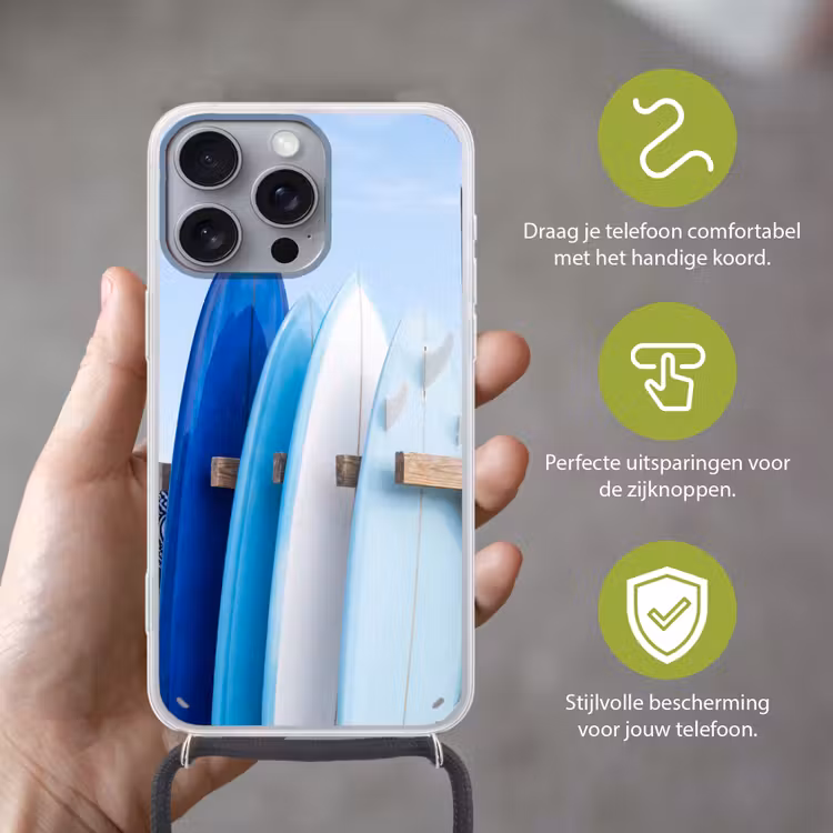 Surfplank - Strand - Zomer - Blauw - Water Hoesje iPhone 16 Pro Max met koord klein -sfeer2_NL