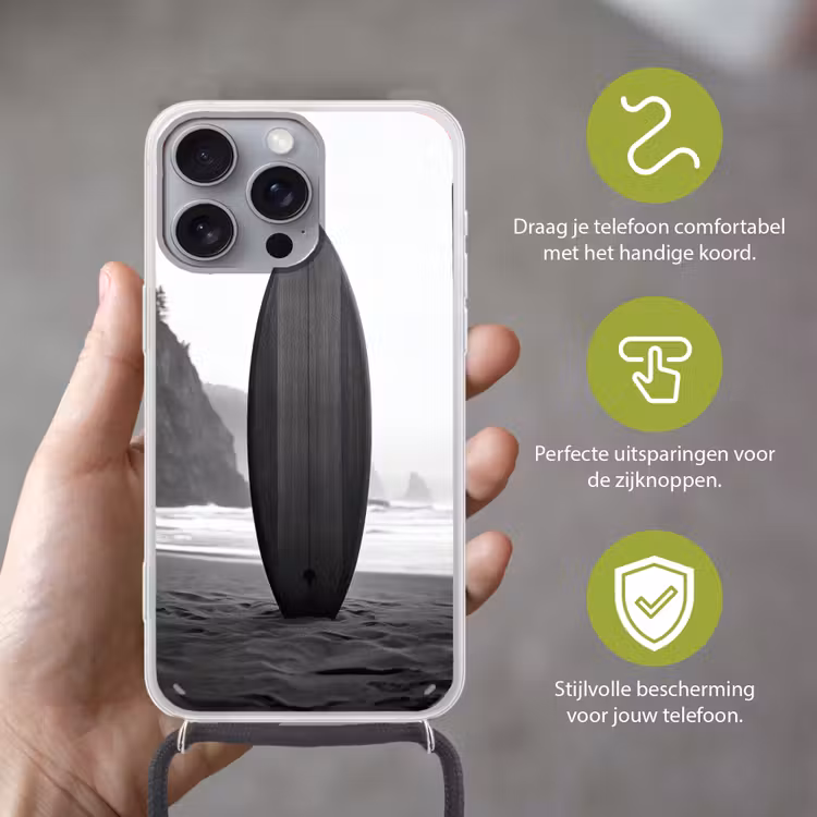 Surfplank - Zand - Zee Hoesje iPhone 16 Pro Max met koord klein -sfeer2_NL