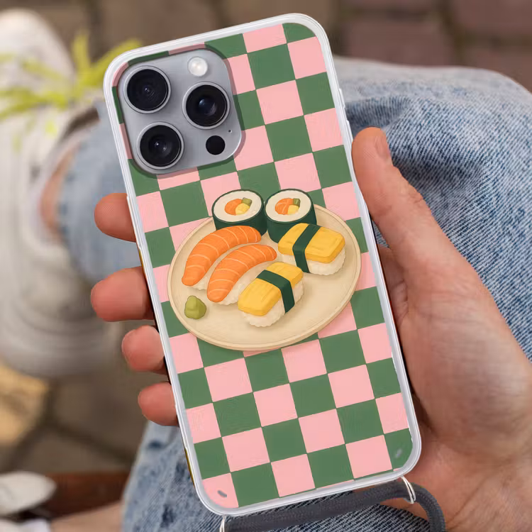 Sushi - Bord - Geblokt - Groen Hoesje iPhone 16 Pro Max met koord klein -sfeer3