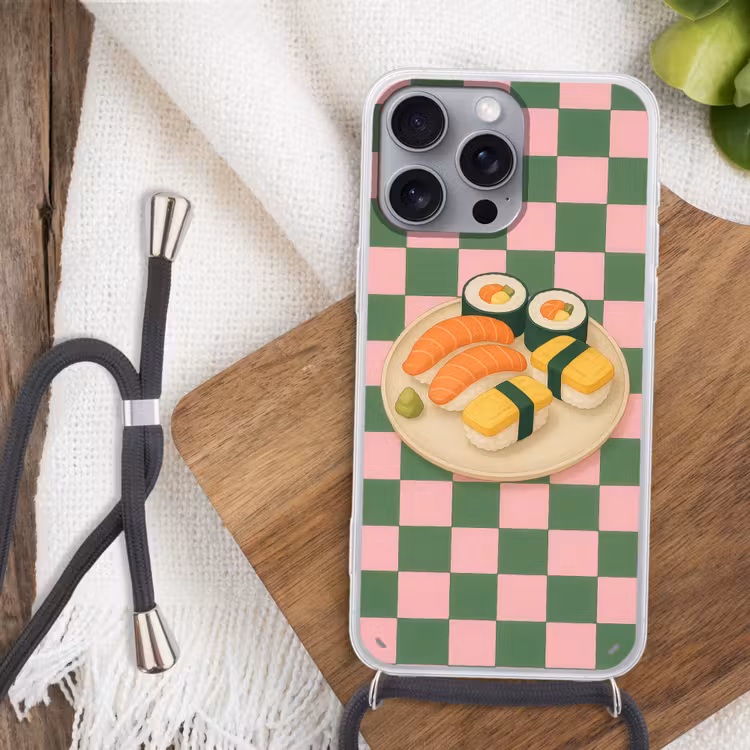 Sushi - Bord - Geblokt - Groen Hoesje iPhone 16 Pro Max met koord klein -sfeer4