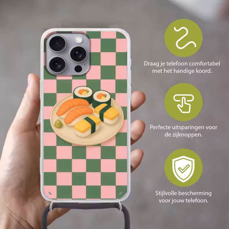 Sushi - Bord - Geblokt - Groen Hoesje iPhone 16 Pro Max met koord klein -sfeer2_NL