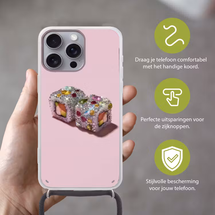 Sushi - Rolletjes - Steentjes - Kleurrijk Hoesje iPhone 16 Pro Max met koord klein -sfeer2_NL