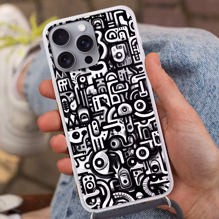 Symbolen - Abstract - Grafisch - Zwart Hoesje iPhone 16 Pro Max met koord klein -sfeer3