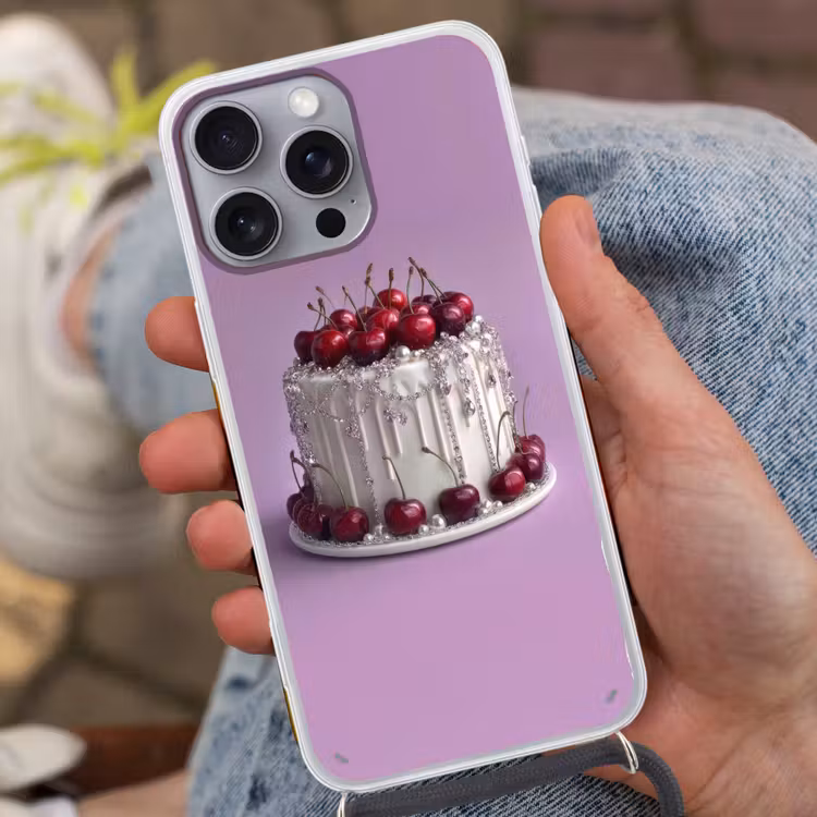 Taart - Kersen - Juwelen - Rood Hoesje iPhone 16 Pro Max met koord klein -sfeer3