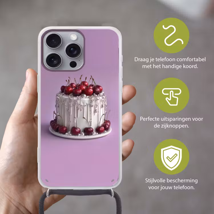 Taart - Kersen - Juwelen - Rood Hoesje iPhone 16 Pro Max met koord klein -sfeer2_NL