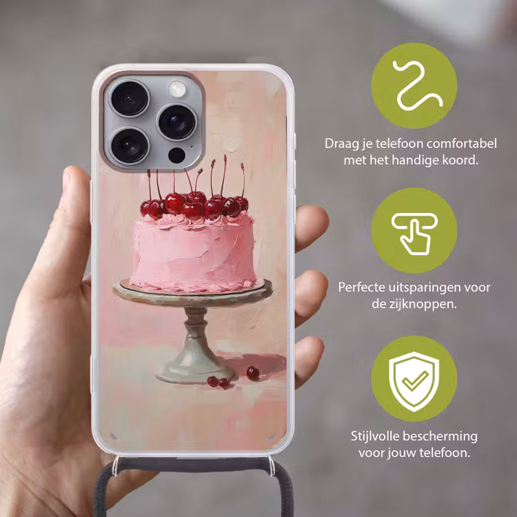 Taart - Pink - Cherry Hoesje iPhone 16 Pro Max met koord klein -sfeer2_NL