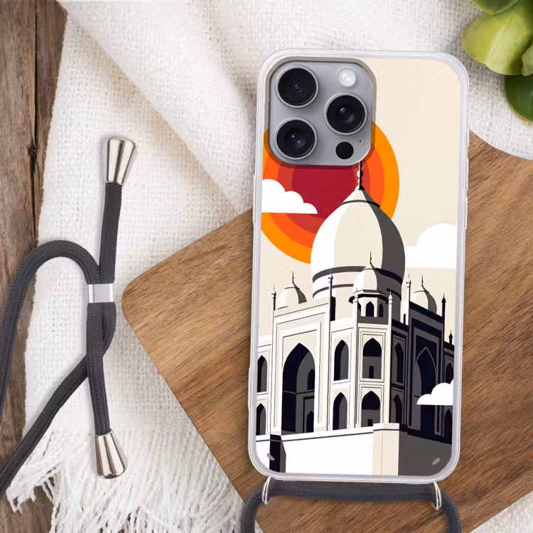 Taj Mahal - Zon - Koepel - Architectuur - India - Grafisch Hoesje iPhone 16 Pro Max met koord klein -sfeer4