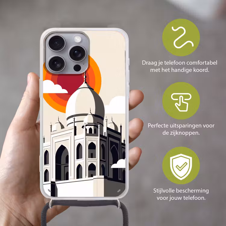 Taj Mahal - Zon - Koepel - Architectuur - India - Grafisch Hoesje iPhone 16 Pro Max met koord klein -sfeer2_NL