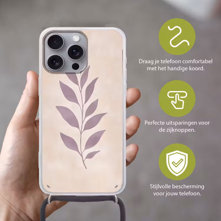 Tak - Bladeren - Minimalistisch - Beige Hoesje iPhone 16 Pro Max met koord klein -sfeer2_NL