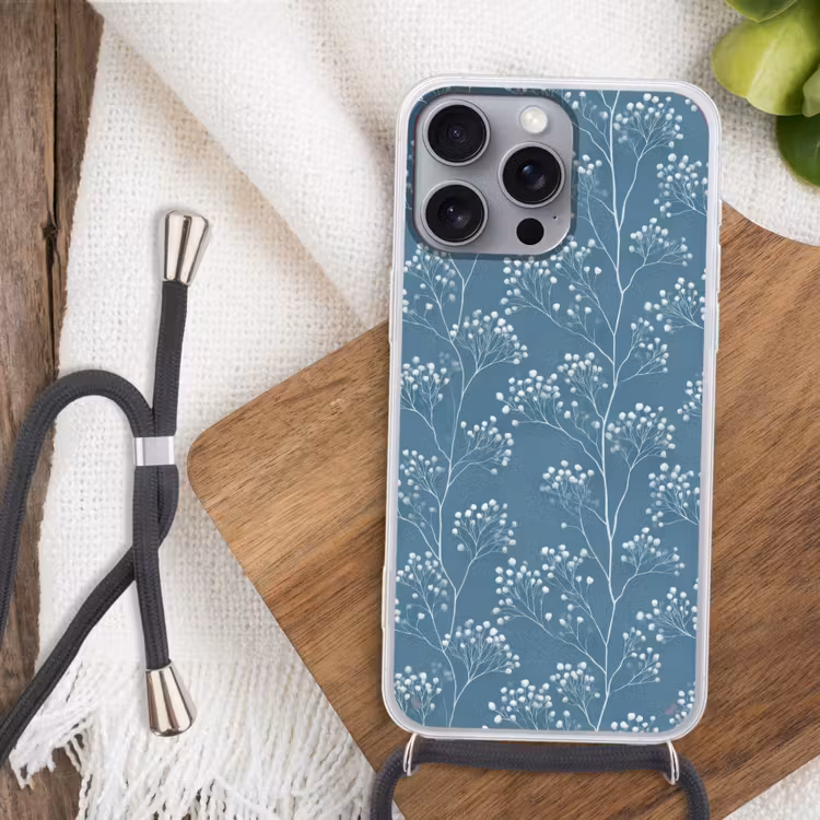Takken - Bessen - Patroon - Lichtblauw Hoesje iPhone 16 Pro Max met koord klein 804 -sfeer4