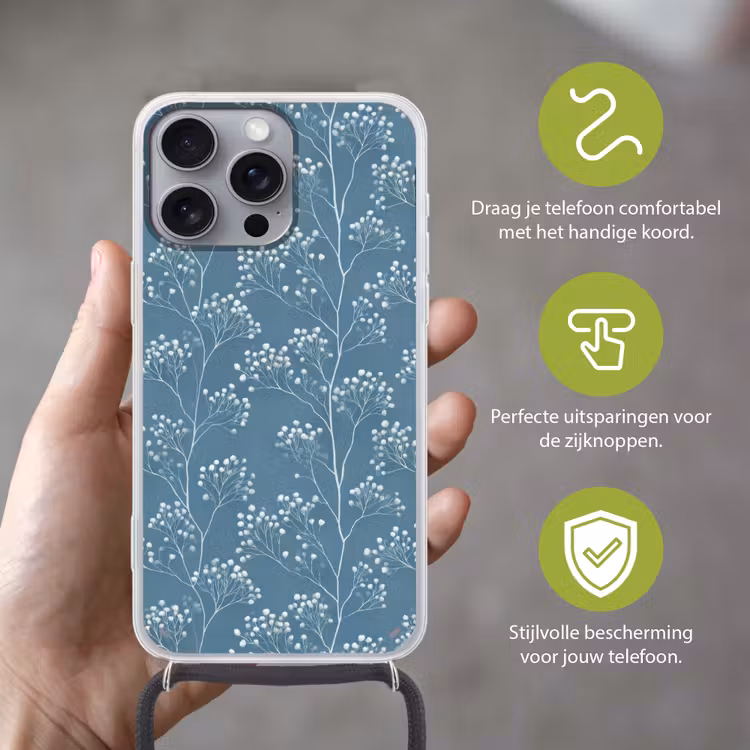 Takken - Bessen - Patroon - Lichtblauw Hoesje iPhone 16 Pro Max met koord klein 804 -sfeer2_NL