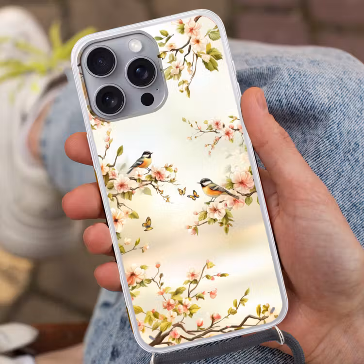 Takken - Bloemen - Vogeltjes - Roze Hoesje iPhone 16 Pro Max met koord klein -sfeer3