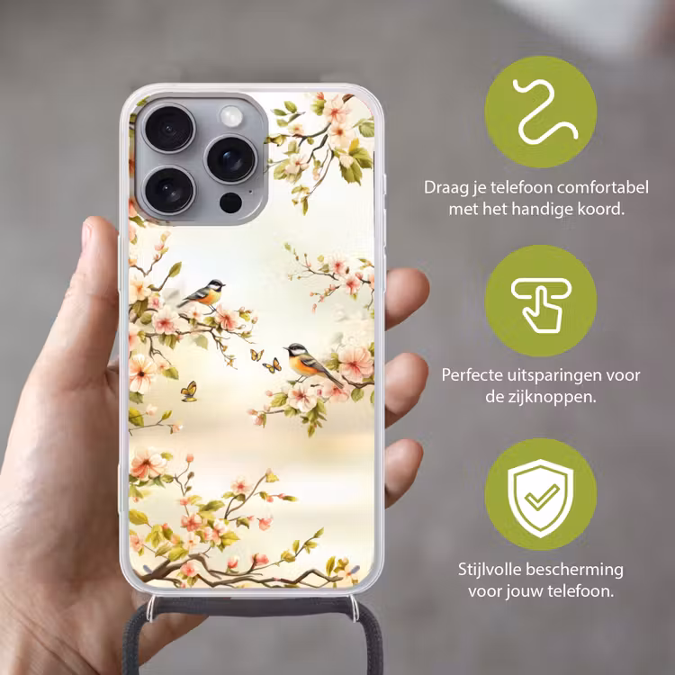 Takken - Bloemen - Vogeltjes - Roze Hoesje iPhone 16 Pro Max met koord klein -sfeer2_NL