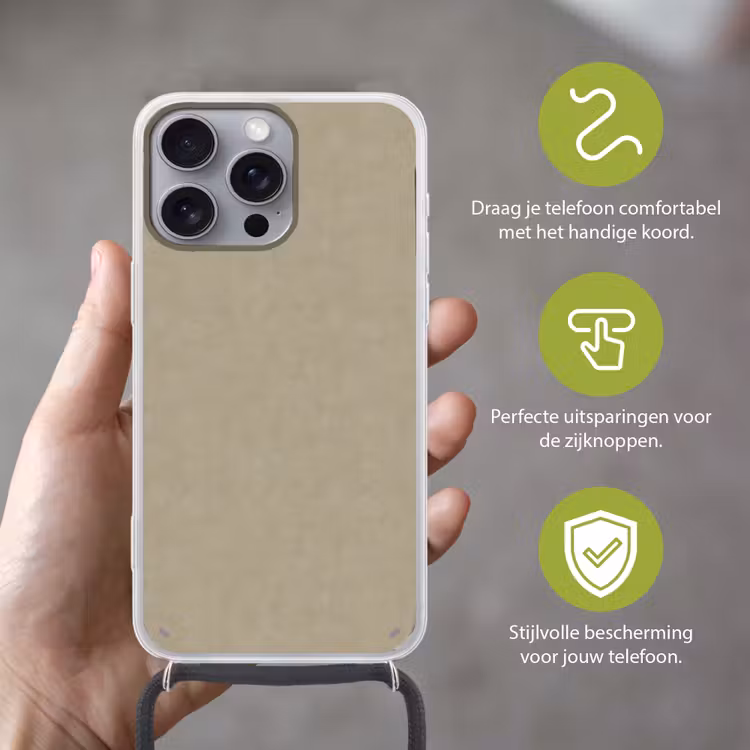 Taupekleur - Gewolkt textuur - Natuurlijk Hoesje iPhone 16 Pro Max met koord klein 804 -sfeer2_NL