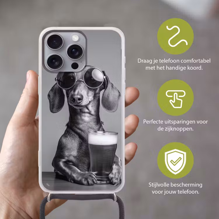 Teckel - Bier - Glas - Bril Hoesje iPhone 16 Pro Max met koord klein -sfeer2_NL