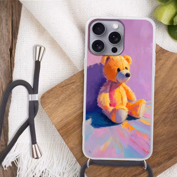 Teddybeer - Schaduw - Penseelstreken - Paars Hoesje iPhone 16 Pro Max met koord klein -sfeer4